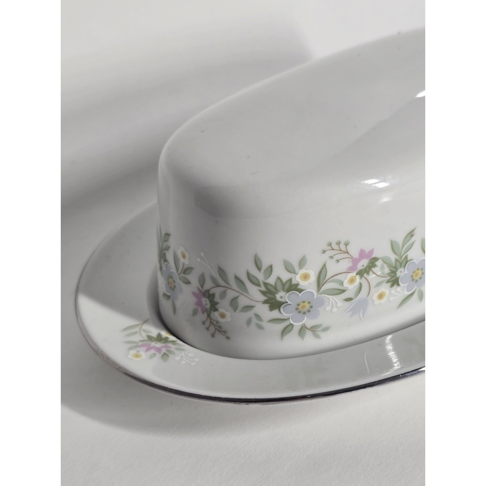 Johann Haviland Bavaria Germany Covered Butter Dish Floral Platinum Trim Vintage